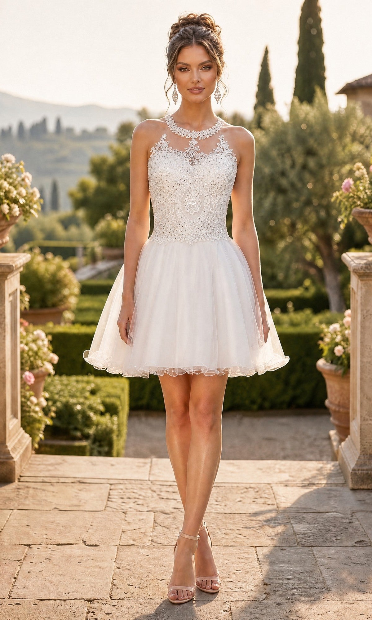 A woman stands outdoors in a garden, wearing the Short Homecoming Dress: Chicas DM4002 in off white—a sleeveless, knee-length fit-and-flare dress with beaded details—paired with open-toed heels. She has styled hair and wears a necklace.